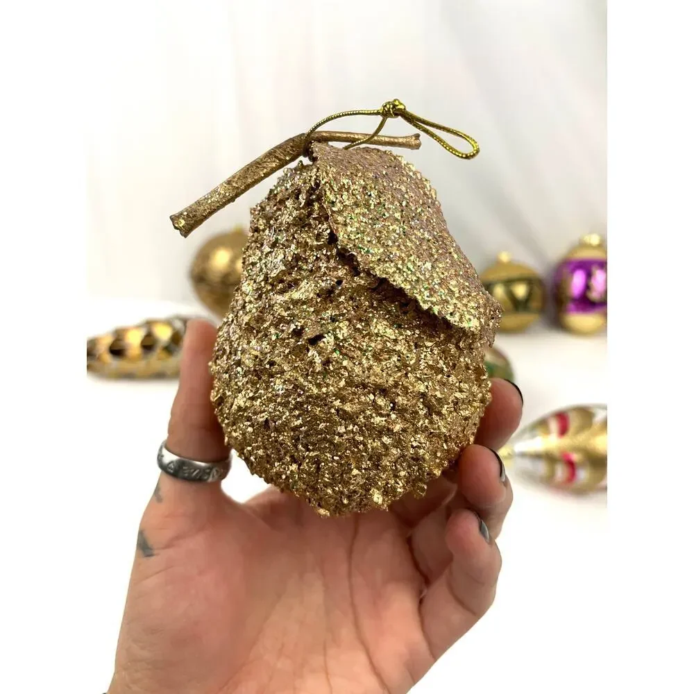 Lot of 10 Holiday Ornaments Christmas Glitter Bulbs Balls Pinecone‎ Gold